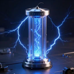 photography of a hyper realistic tesla coils, highly detailed and realistic complex blue lightnings arround it. high detail, professional digital art, unreal engine 5 8 k rendering, stunning, artstation