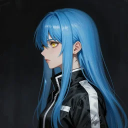 profile shot of rimuru tempest, sky blue straight hair, long bangs, gold eyes, wearing a black jacket with white stripes, high collar, ultra detailed, wild brush strokes, digital painting, cinematic, wlop, pixiv, color block, eerie, scary, yoshitaka amano, ilya kuvshinov, andy warhol