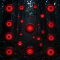 An octane render of many pairs of glowing red eyes in a dark forest