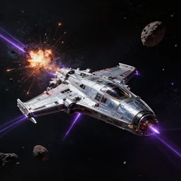 Wide shot of a chrome spaceship in  battle, explosions and purple lasers. Asteroid belt. Scenic view, in the void of space, underexposed, matte painting by Craig mullins and Emmanuel_Shiu and john berkey, cinematic, dark sci-fi, concept art trending on artstation, 4k, insane details, ultra realistic