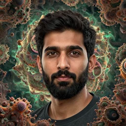 a portrait combined with a surreal fractal landscape by yuvrajimaginaria. visionar fineart artwork. mandelbulb 3 d render with depthmap. deviantart. artstation. yuvrajimaginaria 8 k 3 d celshaded overdetailed maximalist masterpiece.
