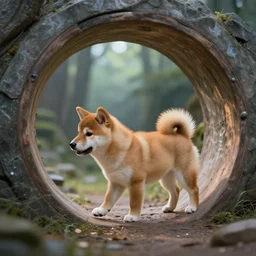 shiba inu puppy walks through a dimensional portal,side view, Fantasy Art
