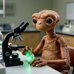 a still photo from e. t. the extraterrestrial ( 1 9 8 2 ), e. t. is sitting at a table in a laboratory near a black school microscope, he is holding a glowing green piece of rock, extremely detailed, hyper realistic