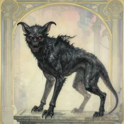 close up of a black scary chimera in a temple, art nouveau wallpaper, dripping watercolor by gottfried helnwein, by hammershøi, highly detailed, lights by edward hopper, liminal, eerie, pastel colors, limited palette