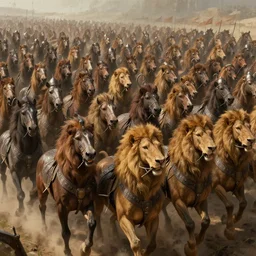 Army of 200 million lion-headed horsemen , digital Art, Greg rutkowski, Trending artstation, cinematographic, hyperrealistic