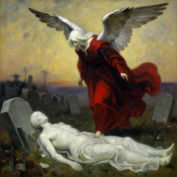 aesthetically pleasing image of the whitewinged angel of death wearing a crimson and black robe descending on the lonesome faceless phantoms in their graves jamie wyeth paul cezanne arthur rackham edward hopper oil painting