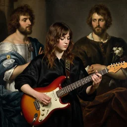 Anna Calvi playing electric guitar by Caravaggio and Jules Bastien-Lepage, masterpiece