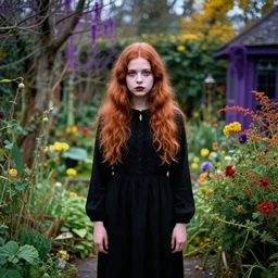 brightly coloured folk horror scene with girl dressed in black, with auburn hair. a garden that seems haunted