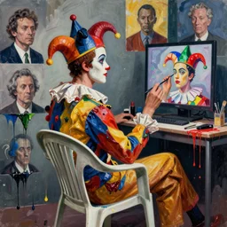 portrait of a morphed mosaic painted harlequin sitting on a plastic garden chair looking into a screen doing makeup by james jean and luc tuymans and beeple and hernan bas and pat steir and hilma af klint, psychological, dripping paint, high quality render, masterpiece