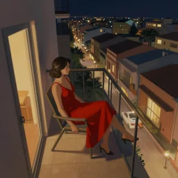 a beautiful artwork of a woman in red dress sitting on the balcony of a hotel at night, top view, by Jerome Opeña, featured on artstation