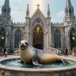 a 7 0 s sci go art of the entry of a fancy theme park, a giant cat seal lying in the middle of the gothic fountain, by tim hildebrandt, dylan cole, eric heschong, god ray