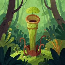 a marc simonetti illustration of a carnivorous plant in a lush tropical forest