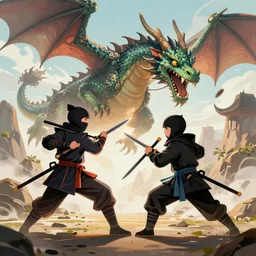 the ninja kids fighting a dragon