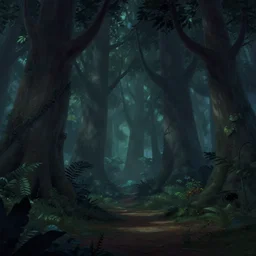a movie still frame, a wide shot of a dark enchanted forest with dappled lighting on the ground, tall large trees, muted color palette, lush foliage, disney feature animation artwork, pixar concept art,