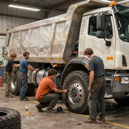 a tire shop scene of people fixing a flat tire on a dump truck, 4 k, trending on artstation, award - winning, art by greg rutkowski and james gurney