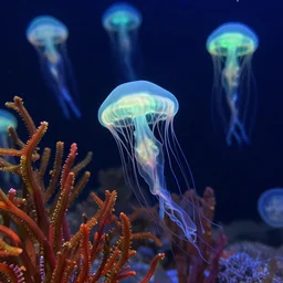 many fluorescent jellyfish, colorful sea plants, soft light, hyper realistic, nature photo, beautiful, 4 k.