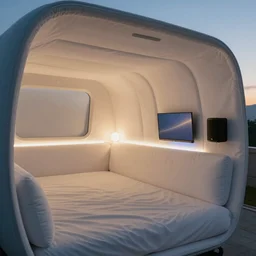 inside cozy luxurious curved sleep-pod with wall to wall padding and sound system, ambient lighting, XF IQ4, 150MP, 50mm, F1.4, ISO 200, 1/160s, dawn