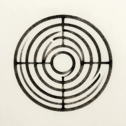 a circular labyrinth stamped in black ink centered on off white paper space around it