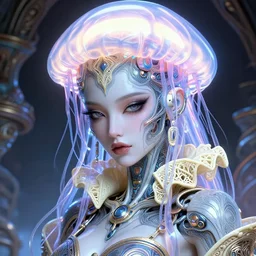 closeup portrait of an absurdly beautiful, graceful, sophisticated, fashionable cyberpunk mechanoid gravure idol, an ultrafine hyperdetailed illustration by irakli nadar, matt wisniewski style, intricate linework, porcelain skin, neon jellyfish headdress, fractal ivory carved ruff, unreal engine 5 highly rendered, global illumination, radiant light, detailed and intricate environment