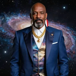 mr. t as president of the galaxy with mohawk and wearing gold jewelry and a futuristic three - piece suit and feather earrings, patriotic, space background, professional studio photo, medium shot, hyper color pop art style
