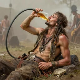 a hippie drinking beer from a garden hose on a music festival, tired, exhausted, smooth, subtle shadows, fine details, octane render, stunning, intricate, elegant, highly detailed, digital painting, artstation, smooth, sharp focus, raw, art by zdzislaw beksinski