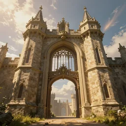 an imposing and highly fantasy gate to castle window, cinematic view, epic sky, detailed, concept art, low angle, high detail, warm lighting, volumetric, godrays, vivid, beautiful, trending on artstation, by jordan grimmer, huge scene, grass, art greg rutkowski