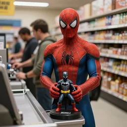 spider - man with a batman toy in his hands is standing in line at the checkout in the store, realistic light, soft light, focus, depth of field, photorealism, 8 k quality, high quality, realistic style, old painting, classicism painting