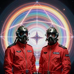 two time pilots wearing flight masks and red rick owens flight suits inside the glowing geometric rainbow portal to the sixth dimension by frank frazetta