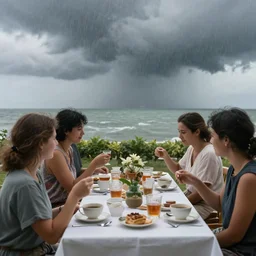 a tea party in the middle of a hurricane. award winning photograph