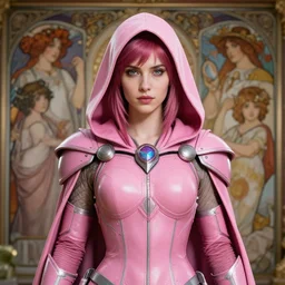 cassandra cain in destiny hunter armor, pink armor, wearing a hooded cloak, beautiful face!!!!, by artgerm, greg rutkowski, alphonse mucha, wlop, loish, ilya kuvshinov, 8 k realistic, hyperdetailed, beautiful lighting, detailed background, depth of field, symmetrical face, frostbite 3 engine, cryengine,