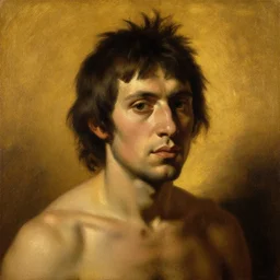portrait of a young neanderthal man by rembrandt, 1 6 5 0, oil on canvas, chiaroscuro, golden light