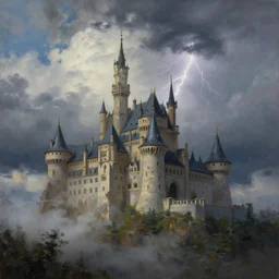 a beautiful painting of a castle by Michal Karcz, featured on artstation, breathtaking clouds, thunderstorm, lighting study