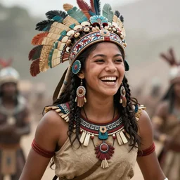 ( katniss everdeen ) as a aztec soldier, native clothes, headdress, strong, muscular, laughing, digital portrait by greg rutkowski, intricate, soft focus, highly detailed, cinematic, epic, artstation