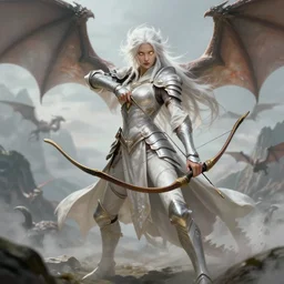 Full body Picture of a female Dragon Tamer, fantasy inspired, shortbow, ivory skin, White hair, long messy hair, platinum attire, armor and robes, battle, detailed face features, light glowy yellow eyes, dragons flying around, mountain background, D&D, by artgerm and Craig Mullins, James Jean, Andrey Ryabovichev, Mark Simonetti and Peter Morbacher, matte painting, trending on artstation, artstationHD, artstationHQ, octane, full HD, 16K, alluring
