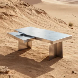 a modern table made of rectangle tetris, made of silver steel and oasis, octane render, trending on artstation, on the rough desert slope