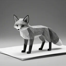 rare classified photo, black & white, studio lighting, low poly fox, paper and wood