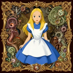 highly detailed character portrait, illustration of alice in wonderland, rococo and baroque style deco, by moebius, wally wood, studio ghibli, ernst haeckel,