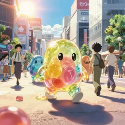 memorable animation key shot, running away from multicolored translucent jelly bean golem melts in the hot sun, shinjuku, heatwave, by mandy jurgens, by satoshi kon, ilya repin, shinji kimura, william turner, pastel color palette