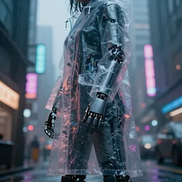 a street level, low angle, closeup photograph of a woman with robotic prosthetics in a clear, transparent raincoat, in a futuristic, blade runner city with heavy atmosphere. Volumetric light. Rainfall. Dystopic. Evening, neon lights. 8k. Filmic. Highly detailed. Octane render.