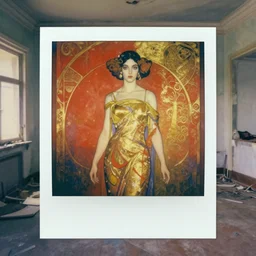 an elegant girl in a liminal abandoned room, red and gold, old polaroid by goya, by caravaggio, digital painting, jugendstil, art noveau, strong lights, flat colors, pastel colors,