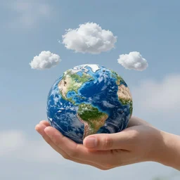 Holding miniature Earth in Hands, with small clouds floating above miniature earth, small boats on the miniature Earth, 40nm lens, wide angle, shallow depth of field, 4k,