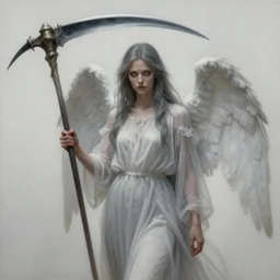 breathtaking detailed soft painting of a grim reaper angel in gauze dress with a scythe blade, with long hair and piercing eyes, in an intricate medieval stained glass, rembrandt style, elegant, highly detailed, artstation, concept art, matte, sharp focus, art by tom bagshaw, luis royo and greg rutkowski