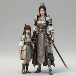 a full body portrait of a beautiful girl warrior and her daughter, intricate, elegant, highly detailed, digital painting, artstation, concept art, smooth, sharp focus, illustration, art by krenz cushart and artem demura and alphonse mucha