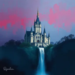 a painting of a castle with a waterfall in front of it. digital painting, vertical, intricate, beautiful, detailed, grunge, sharp focus, abstract art by kuvshinov and el lissitzky and artgerm and kandinsky, trending on artstation. blue, dark red and dark purple color scheme, gradient darker to bottom