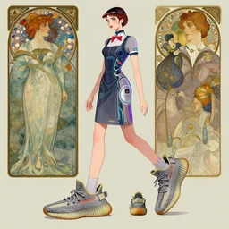 an illustration of a futuristic stewardess girl wearing yeezy 5 0 0 sneakers and and a wearing dress techno - utopianism designed by balenciaga by john berkey by stanley artgerm lau, greg rutkowski, thomas kinkade, alphonse mucha, loish, norman rockwell