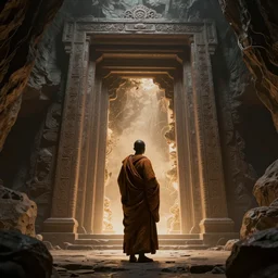 futuristic monk, wide profile shot, ancient cave, magic door to another realm, cinematic, vray, volumetric lighting, contrast, ambient occlusion + tessellation, particle physics, detailed textures, micro details, post processing, photo realism, octane render, hyper realistic , Octane render, uplight, unreal engine, Megapixel, Cinematic Lighting, Ray Tracing, 8k