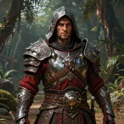 unknown the elder scrolls vi hammerfall, rugged male redguard character portrait partially clothed in hooded metal - plated exquisitely detailed hooded battle armour, desert, tropical jungle setting, atmospheric lighting, painted, intricate, volumetric lighting, beautiful, rich deep colours masterpiece, sharp focus, ultra detailed by leesha hannigan, ross tran, thierry doizon, kai carpenter, ignacio fernandez rios
