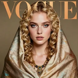 portrait of girl drapped in silks, inca goddes costume, blonde, curly hair, clean face, slitty make up, symmetrical face, looking straight, smooth skin, jewelry, ecstasy, cute, fashion editorial photography, from vogue magazine, ultra realistic, reflections, from eyes wide shut movie