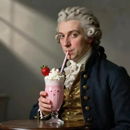 Mozart drinking a strawberry milkshake, the straw is in his mouth