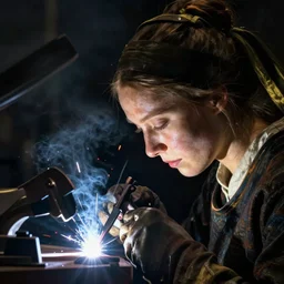 a woman's face in profile, welding, in the style of the dutch masters and gregory crewdson, dark and moody